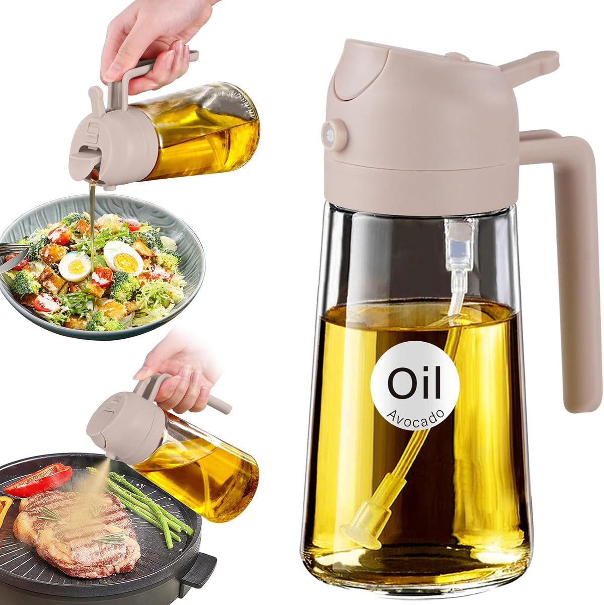 YARRAMATE 16oz/470ml Glass Olive Oil Sprayer for Cooking with Stickers, 2 in 1 Oil Dispenser for Kitchen Gadgets, Food Grade Premium Spray Bottle with Portion Control for Salad, Frying, BBQ (Black)