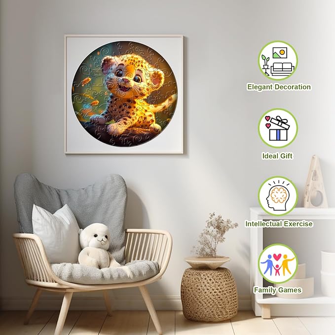 Wooden Puzzles for Kids Ages 6-8, Cute Leopard (50 Pieces) | Unique Animal Wooden Jigsaw, Irregular Cutouts, Home Decor Educational Toy & Christmas Kids Gift, 11.4*11.4 In