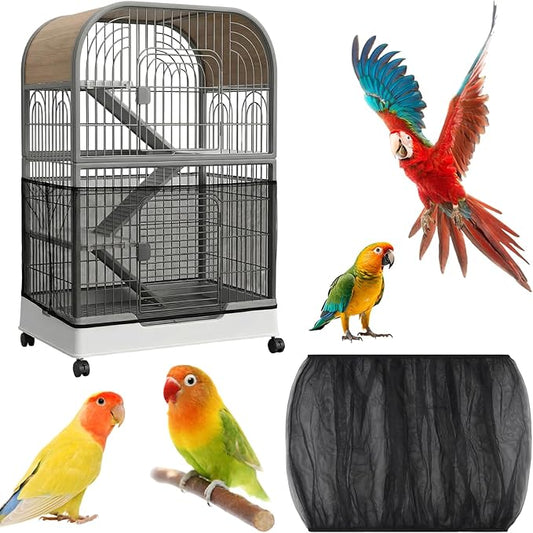 Large Bird Cage Cover, Breathable Nylon Mesh Seed Catcher with Adjustable Elastic Skirt, Black Birdcage Cover for Parrot Parakeet Cockatiel Cages (13.8x78.8-90.6 Inch)