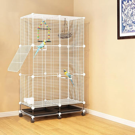 49"H Wrought Iron Bird Cage Large Parrot Cage, 3-Tier Movable BirdCage Parakeet Cage w/Wheels, 360° View Spacious Interactive Bird House Pet Bird Flight Cage for Medium&Small Birds(Iron Mesh)