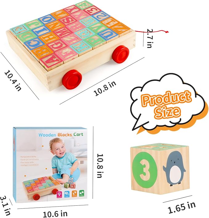 Wooden Building Blocks, Large Wood Stacking Blocks Set for Kids, 30 PCS Alphabet Blocks with Toy Wagon, Educational Wooden Toys for Boys Girls Gifts 1.65"