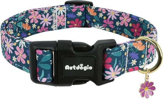 Dog Collar for Extra Small Dogs, Spring Dark Green Dog Collars with Flowers Pattern, Adjustable Puppy Dog Collars, Cute Girl or Boy Dog Collar Ideal for Gifts,Pet Accessory