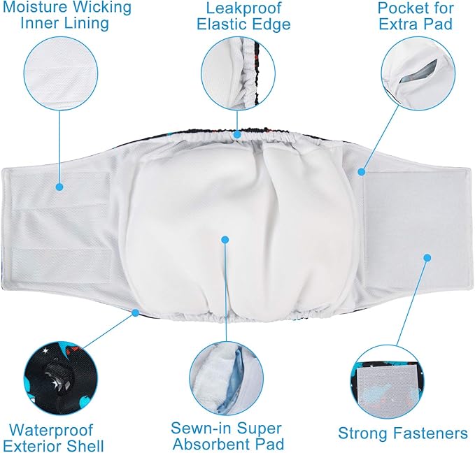 CuteBone Dog Diapers Male Washable Belly Band for Male Dogs Wraps 3pcs a Pack DM28S