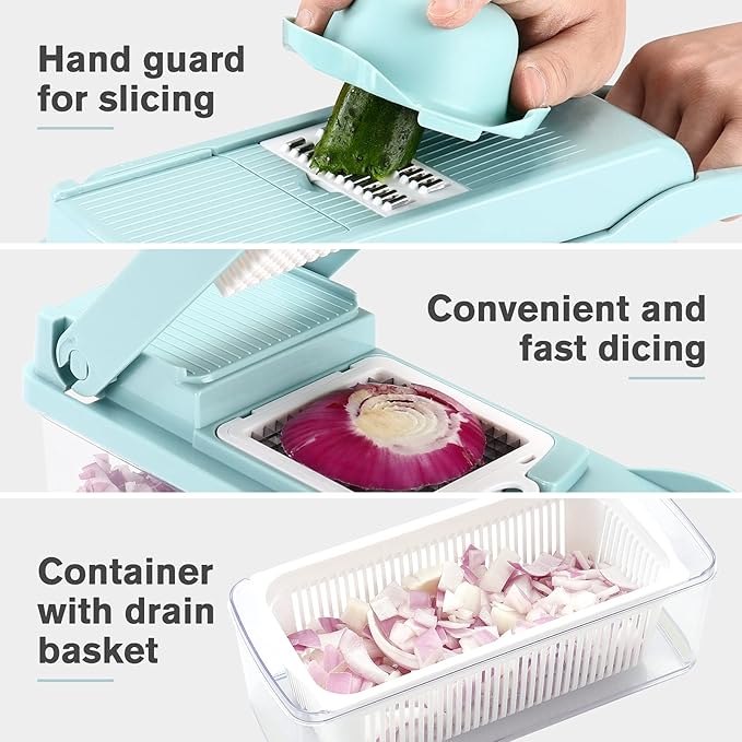 KEOUKE Vegetable Chopper Mandoline Slicer Blue - 12 in 1 Interchangeable Blades Food Chopper with Container, Hand Guard & Drainer, Veggie Dicer Kitchen Gadget for Onion, Cucumber, Tomato, Fruit