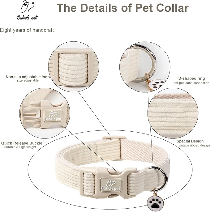 Cute Corduroy Dog Collar - White Adjustable Dog Collars for X-Large Dogs 80+lbs, Fade-Proof with Secure Snap & Little Charm, Christmas Birthday Gift, XL