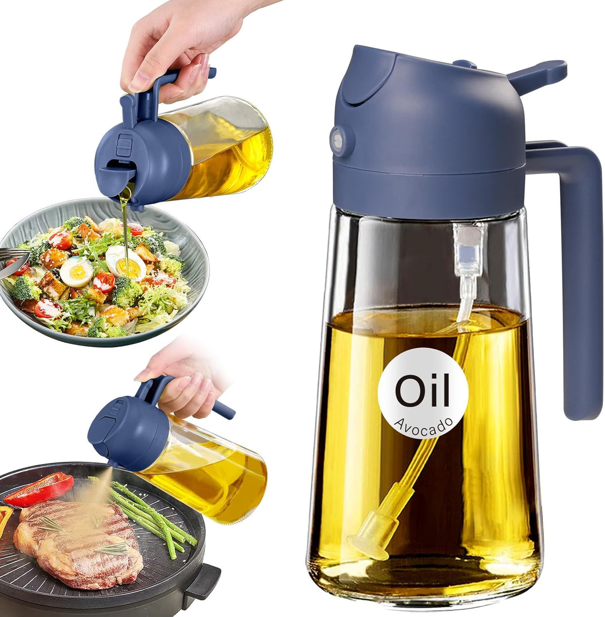 YARRAMATE 16oz/470ml Glass Olive Oil Sprayer for Cooking with Stickers, 2 in 1 Oil Dispenser for Kitchen Gadgets, Food Grade Premium Spray Bottle with Portion Control for Salad, Frying, BBQ (Black)