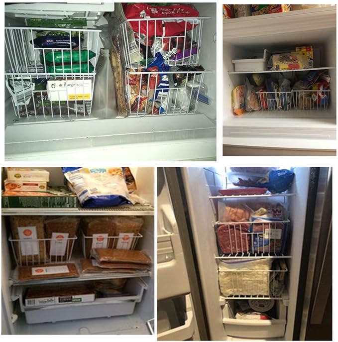 Upright Freezer Organizer Bins， Freezer Baskets for 14, 15 cu.ft Standup Freezer, Wire Storage Bins with Built-in Handles for Frozen Foods, Snacks, Vegetables, Fruits and More, 3Pcs , White
