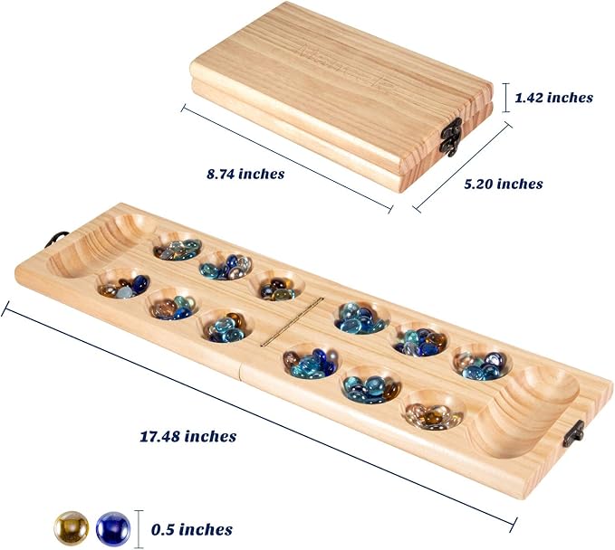AMEROUS Wooden Mancala Board Game Set - Folding Board - Multi Color Glass Stones - Gift Package - Mancala Instructions, Portable Travel Board Game for Kids and Adults
