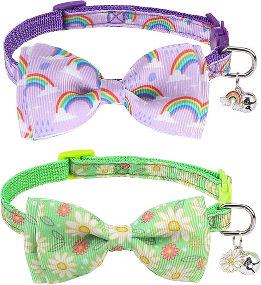SCENEREAL Cat Collar with Bells, 2 Pcs Breakaway Cat Collars with Adustable Bowtie, Safety Kitten Collar for Boy Girl Cats Puppy, Cute Spring Summer Rainbow & Floral Pet Collar, Green & Purple