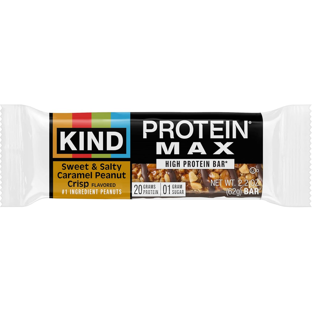 KIND Protein MAX Bars, Sweet & Salty Caramel Peanut Crisp, Gluten Free, Low Sugar, High Fiber Snacks, 20g Protein, 4 Count