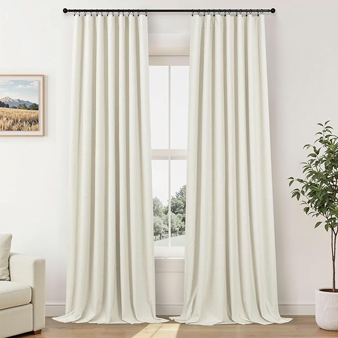 Pitalk 108 Inch Long Blackout Curtains & Drapes for Patio Sliding Glass Doors Back Tab Pocket Pleated 2 Panels Set Linen Black Out 9FT Ceiling to Floor Length Curtains for Living Room Cream 42 x 108
