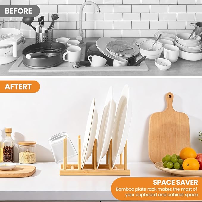 1 Pack Bamboo Wooden Dish Rack-Plate Pot Lid Cutting Board Organizer Holder Rack for Cabinet-Kitchen Cabinet Organizer for Dish, Pots, Lids, Bowls, Bottles, Books, and Puzzle