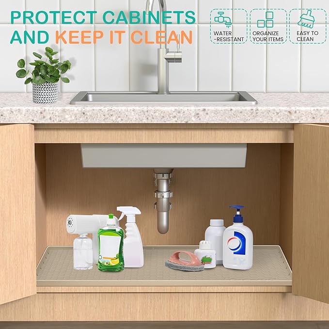 Waterproof Under Sink Mat 28" x 19", Silicone Cabinet Liner, Rubber Protector for Kitchen and Bathroom, Keeps Cabinets Clean, Dry, and Organized (Light Grey)