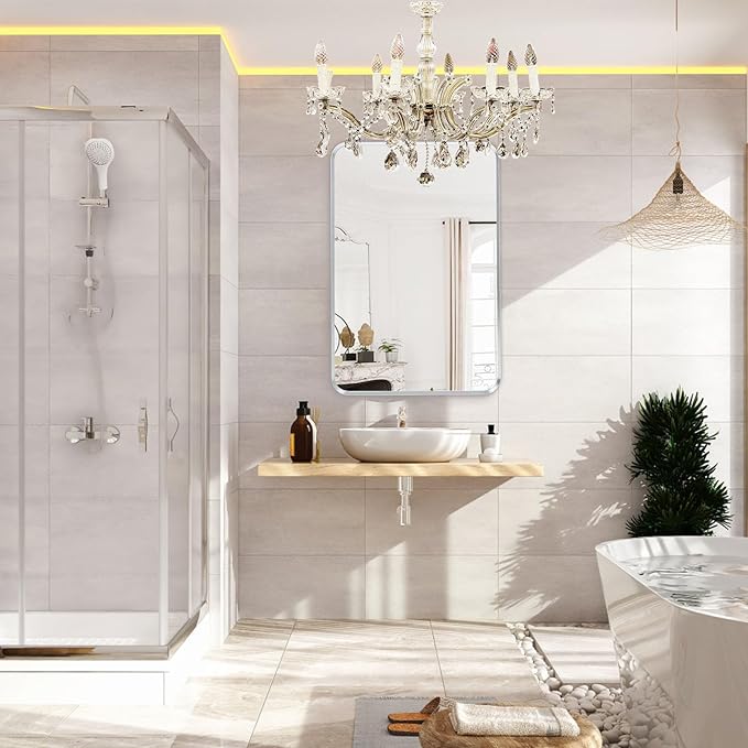 Brushed Nickel Bathroom Wall Mirror, Tempered Glass, Shatter Proof, Hangs