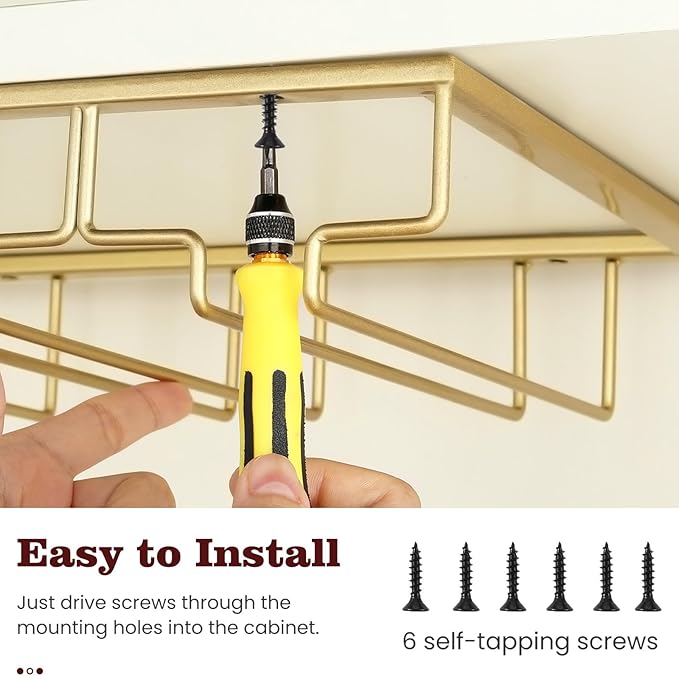 Nuovoware Wine Glass Rack - Under Cabinet Stemware Wine Glass Hanger Rack Holder for Bar Kitchen Cabinet, 6 Rows - Light Gold