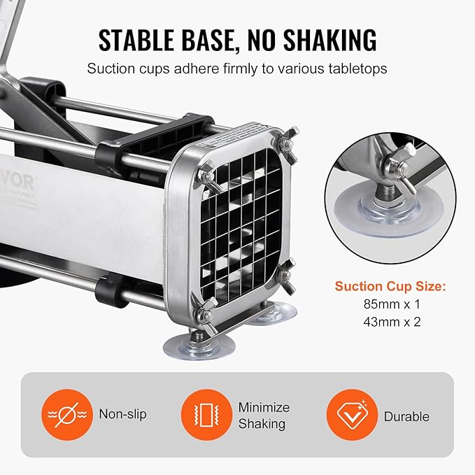 VEVOR French Fry Cutter, Potato Slicer with 1/2-Inch Stainless Steel Blade, Manual Potato Cutter Chopper with Suction Cups, Great for Potato, French Fries, Cucumber, Vegetables, Carrot