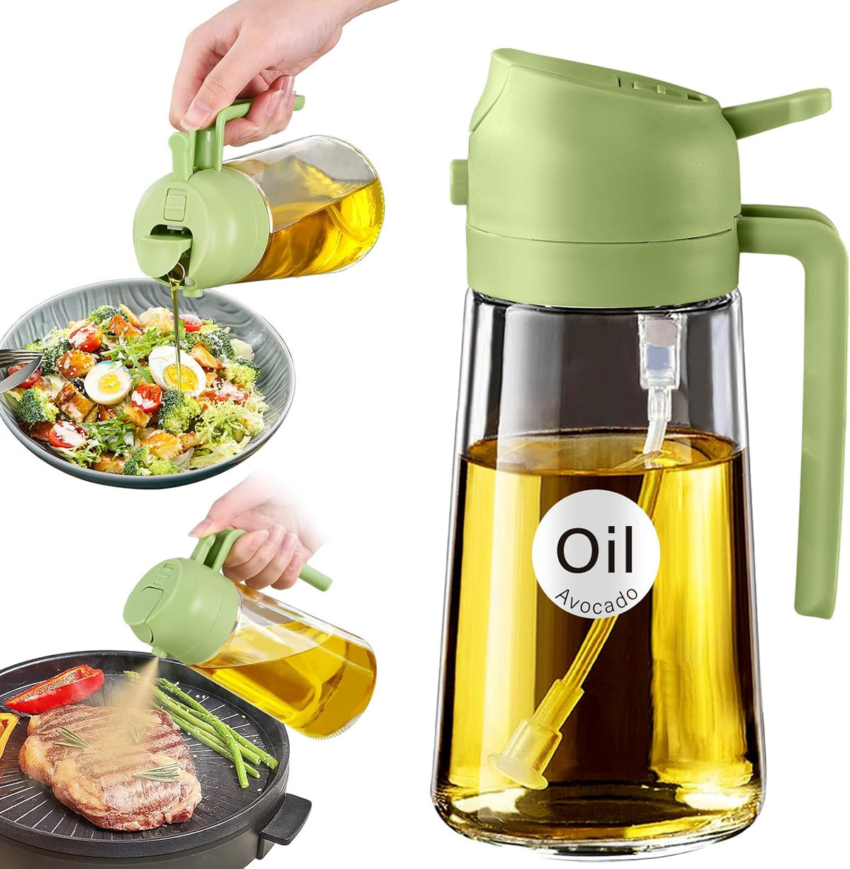 YARRAMATE 16oz/470ml Glass Olive Oil Sprayer for Cooking with Stickers, 2 in 1 Oil Dispenser for Kitchen Gadgets, Food Grade Premium Spray Bottle with Portion Control for Salad, Frying, BBQ (Black)