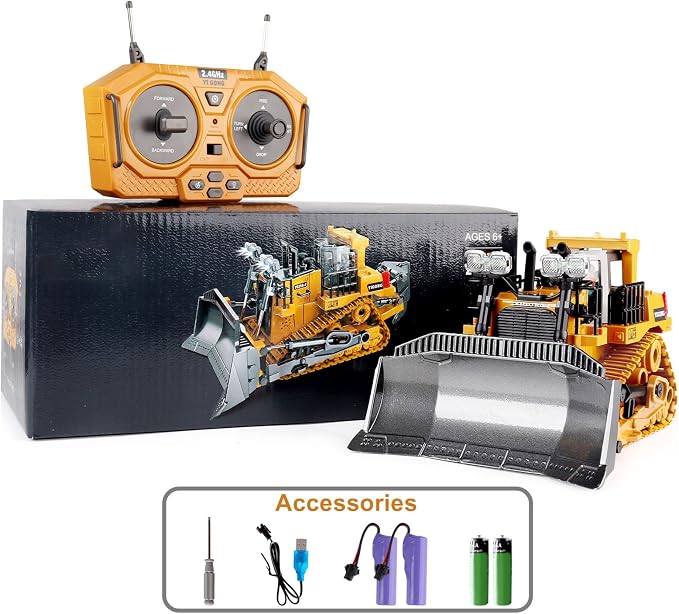 Dwi Dowellin Rc Bulldozer Toys for Boys,Construction Remote Control Bulldozer with Metal bulldozing Shovel Lights/Sounds for Kids Boys