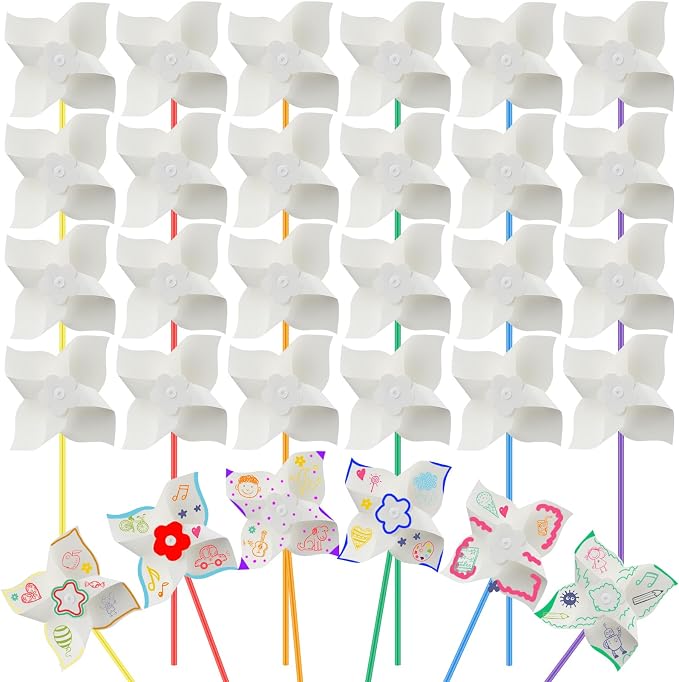 Poen 24 Pcs DIY Pinwheels for Kids Bulk, Blank White Paper Craft 5 in | Color Your Own Windmills Activity, Patriotic Summer Party Favors for Kids, VBS Sunday School Classroom Art Project Supplies