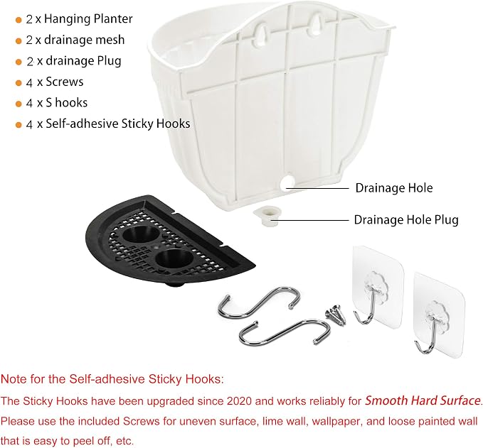2 Pack White Plastic Wall Hanging Planters
