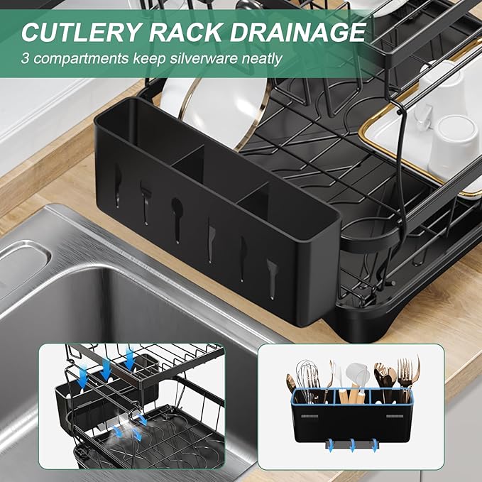 Dish Drying Rack, 2-Tier Large Dish Drying Rack for Kitchen Counter – Space Saving Dish Drainer Organizer with Utensil Holder and Cutlery Tray, Black