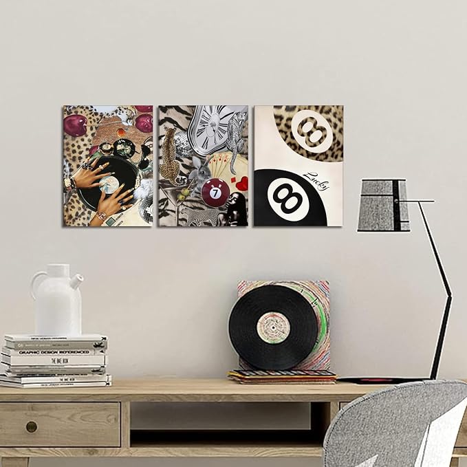 Fashion Cheetah Wall Art Set of 3 Leopard Wall Decor Pictures Lucky 8 Ball
