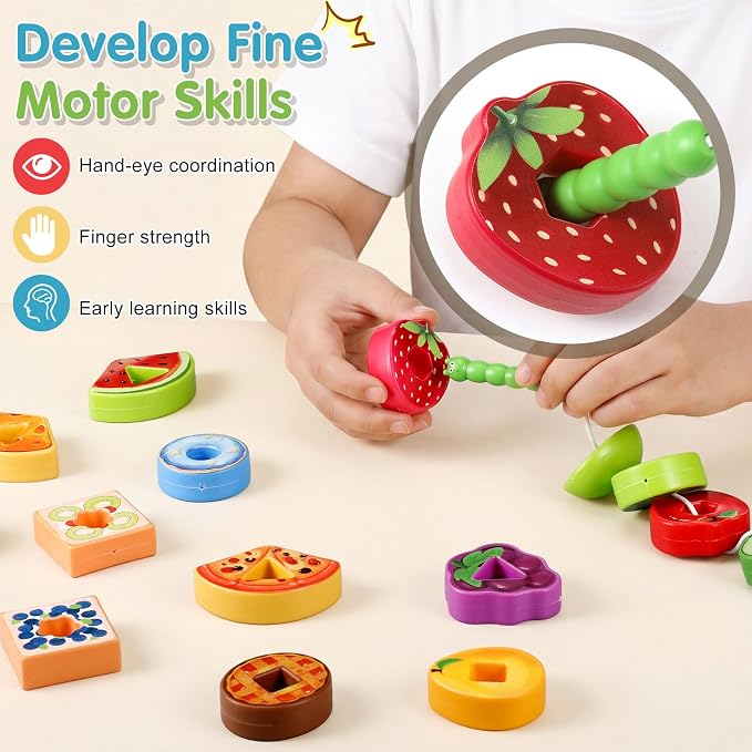28 Pcs Caterpillar Lacing Toy for Toddlers Fruit Food Threading | Learning Lacing Beads, Montessori Educational Stringing Threading Beads, Fine Motor Skills Gift for Boys Girls 3+
