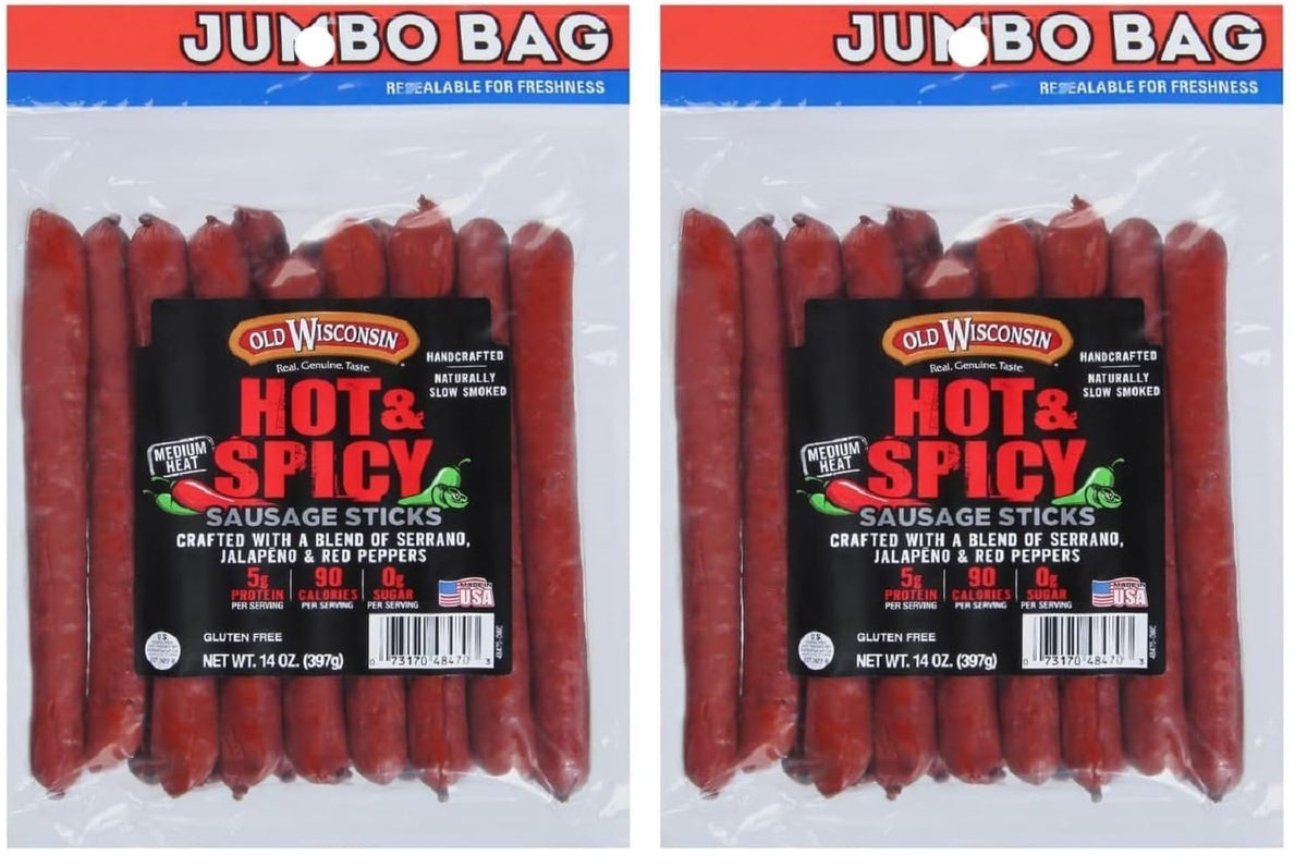 Old Wisconsin Hot & Spicy Sausage Snack Sticks, Naturally Smoked, Ready to Eat, High Protein, Low Carb, Keto, Gluten Free, 14 Ounce Resealable Package