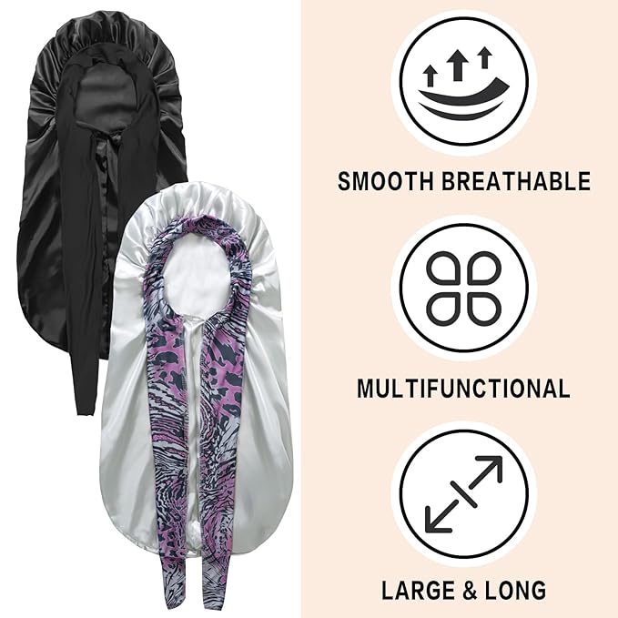 2Pcs Bonnets for Black Women Braid Bonnet, Large Long Satin Silk Bonnet for Braids, Women Braid Bonnet with Stretchy Tie Band for Sleeping Extra Long (Black & Light Green Pattern
