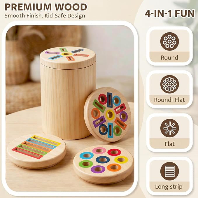 Wooden Montessori Toys for 1, 2,3 Year Old: 4 in 1 Fine Motor Skills, Learning Color Matching Sorting Sensory - Easter Basket Stuffer for Toddler Boy Girls - 18 Month
