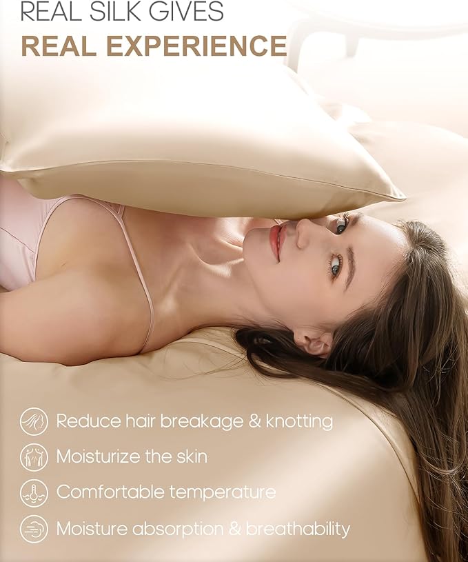 THXSILK 100% Mulberry Silk Pillowcase for Hair and Skin, Grade 6A+ Mulberry Silk Pillow Case 22 Momme, Hypoallergenic Pillow Case Cover with Zipper, 1pc (Queen 20"x30", Beige)