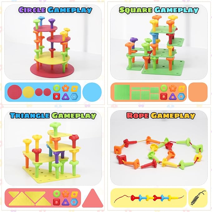 Peg Board Toy set 73Pcs DIY Building Stacking Toys for Kids 3-6 Years Old,STEM Educational Kids Toy for Brain Development,Montessori Sensory Toys,Upgrade Various Foam Board Plastic Lacing String Game