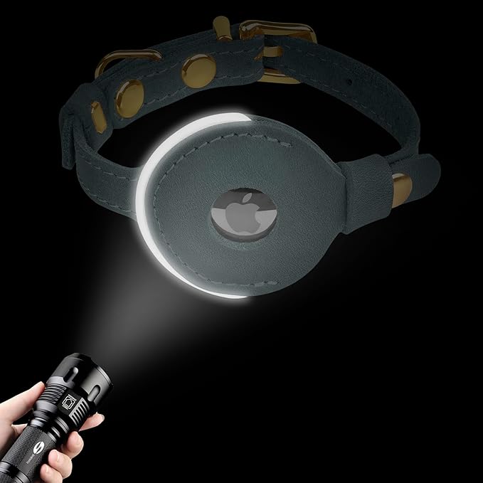 OOPSDOGGY Reflective Leather AirTag Cat Collar with Bell - Non Breakaway Adjustable Pet Collar with Apple Air Tag Holder - Lightweight GPS Kitten Collars for Small Dogs Puppy (Graphite)