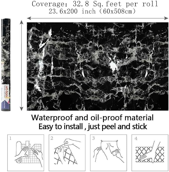 Arthome Black Marble Contact Paper, Peel and Stick Black Silver Paper, Self