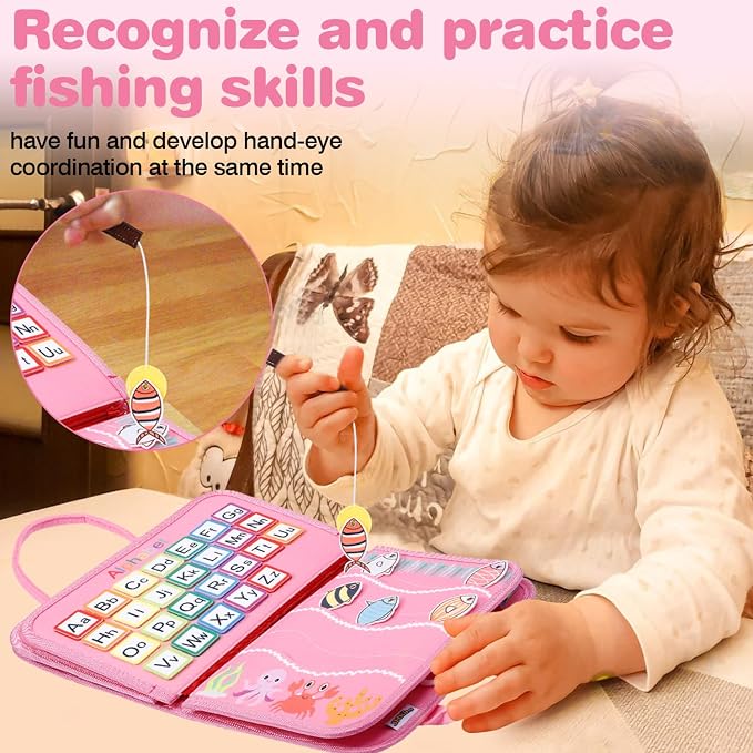 Busy Board, Sensory Board Travel Toys Gifts for Girls Boys, Montessori Toys to Learn Fine Motor Skills, Educational Activities Busy Book for Airplane Car (Pink)