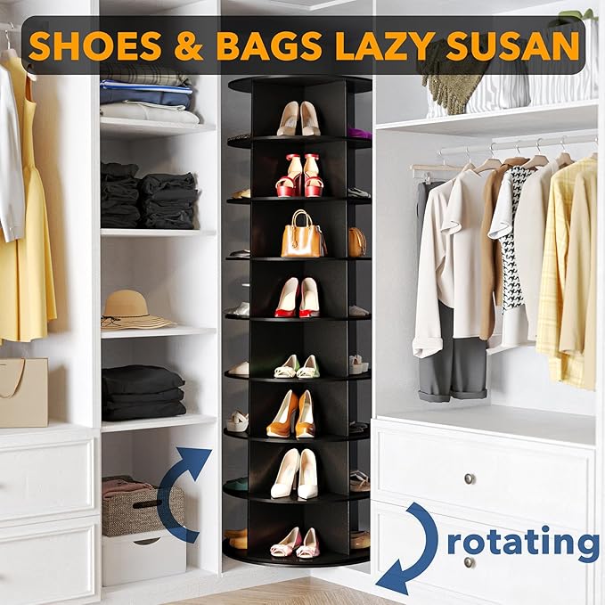 SpaceAid 8 Tier Rotating Shoe Rack Tower, Spinning Shoe Display Lazy Susan, Revolving 360 Shoe Rack Storage Round Carousel, Vertical Handbag Rotate Shoes Closet Organization (8-Tier Black)