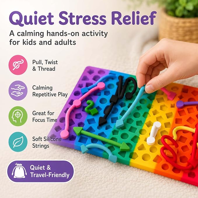 Sensory Activity Board, Sensory Fidget Toys for Kids Adults, Stress Relief | Quiet Sensory Toys, Fidget Toys for Adults and Kids, 14 Colorful Strings, Screen-Free Travel Activity for Car and Airplane