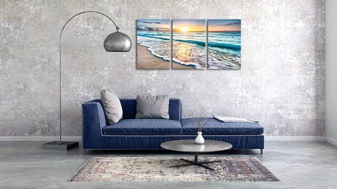 Wieco Art 3 Panels Blue Beach Sunrise White Wave Pictures on Canvas Wall Art