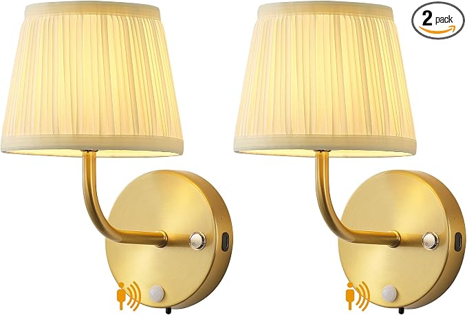 PUSU Motion Sensor Gold H9.6 inch Small Wall Sconces Set of 2, LED Cordless