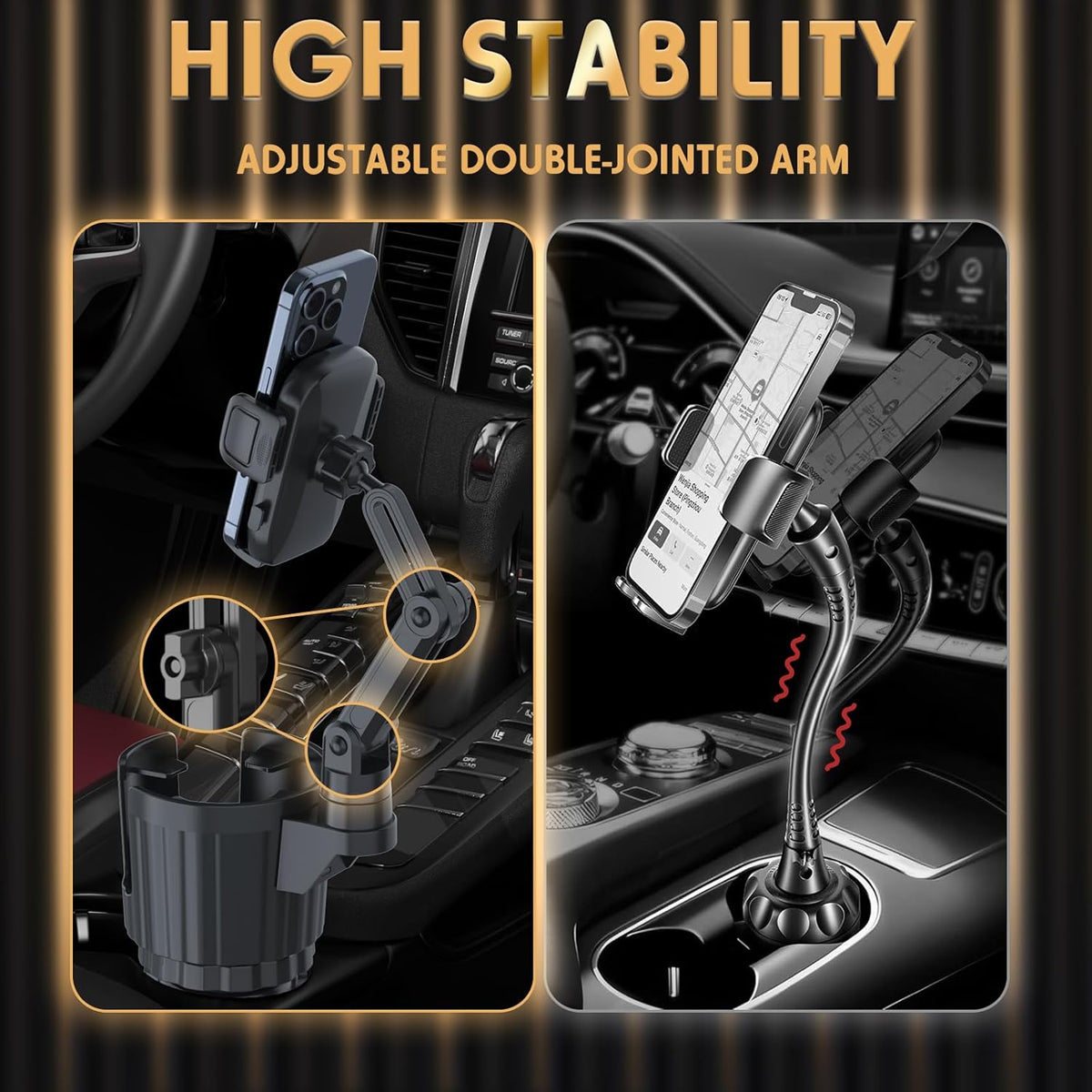 Phone Holders for Your Car, 2 in 1 Universal Cup Holder Expander Adjustable Base with Phone Mount, Long Arm with 360°Rotation Cup Holder Phones Mount for Car Compatible with All Smartphones