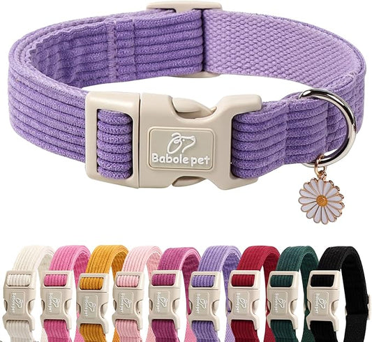 Cute Corduroy Dog Collar - Lavender Adjustable Dog Collars for Small Dogs 10-25lbs, Fade-Proof with Secure Snap & Little Charm, Christmas Birthday Gift, S