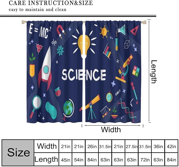 Science Symbols Kids Curtain Sketches Cartoon Chemistry Physics Geometry Education Pattern Print Window Drapes for Bedroom Living Room Kitchen Decor,2 Panel Set,63x63 Inch Blackout