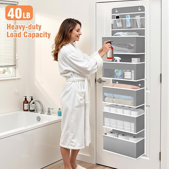 WISELIFE Over The Door Organizer - 6 Shelves Detachable Hanging Bedroom Storage Solution with 5 Large Pockets and 3 PVC Pockets for Dorm Bathroom, Pantry Nursery Baby Essentials (Grey)