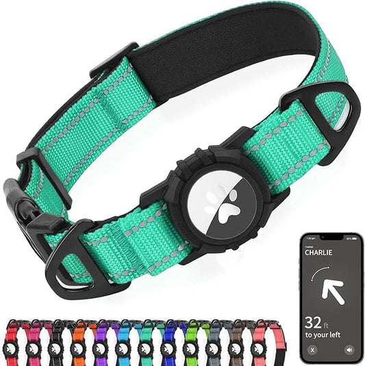 Joytale Airtag Dog Collar, Reflective Pet Collar with Waterproof AirTag Holder, Dual D-Rings, Soft Padded Adjustable for Medium Dogs, Teal, M