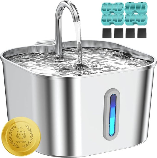 Cat Water Fountain Stainless Steel, 74oz/2.2L Automatic Cat Drinking Fountain with 4 Filters & 4 Sponges, Pet Water Dispenser with Quiet Pump, Suitable for Cats, Dogs and Multi-pet households
