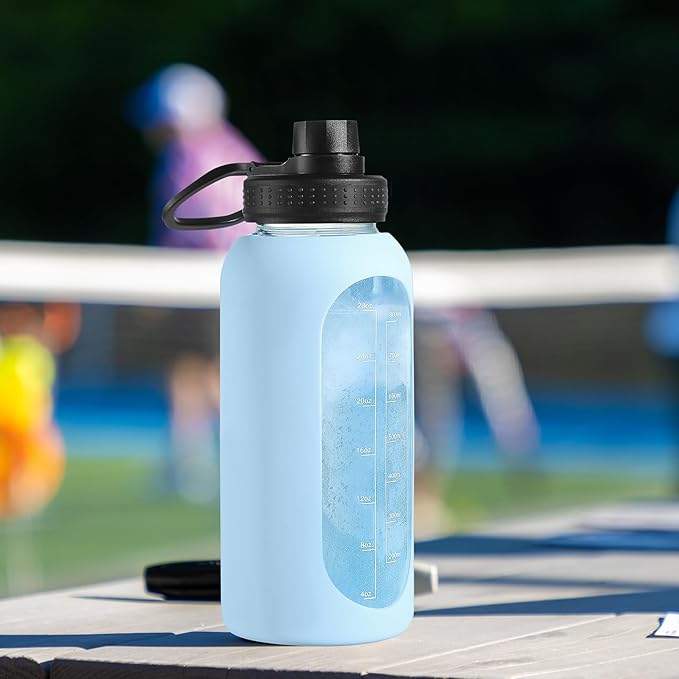 64 oz Glass Water Bottle With Straw and Handle, Half Gallon Sports Motivational Water Jug Flask with Silicone Sleeve, Large Water Cup with Time Marker for Travel, Gym, Seafoam