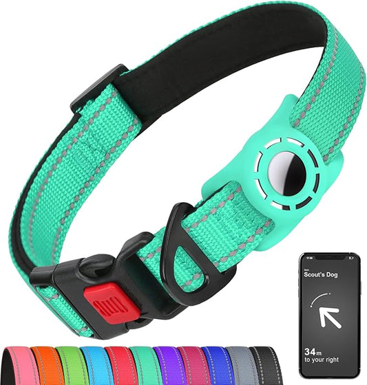 Airtag Dog Collar with AirTag Holder for Puppy Small Dogs, Reflective, Soft Padded & Safety Locking Buckle, Nylon Pet Collars Adjustable for All Breeds, Teal,XS