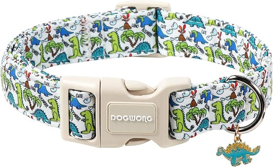 DOGWONG Dinosaur Dog Collar-Cute Green Dinosaur Dog Collar for Small Dogs, Adjustable Comfortable Cotton Boy Dog Collars for Small Medium Large Dogs,M