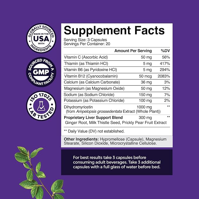 Nighttime Liver Detox & Hydration Pills - Pre and Post Drinking Recovery Liver Support Supplement for Better Mornings with DHM Dihydromyricetin Milk Thistle Extract and Electrolytes (60 Capsules)