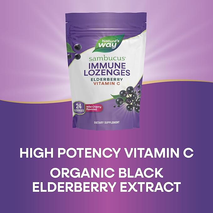 Nature’s Way Sambucus Immune Lozenges, High Potency Vitamin C, Elderberry, Wild Cherry Flavored, 24 Lozenges (Packaging May Vary)